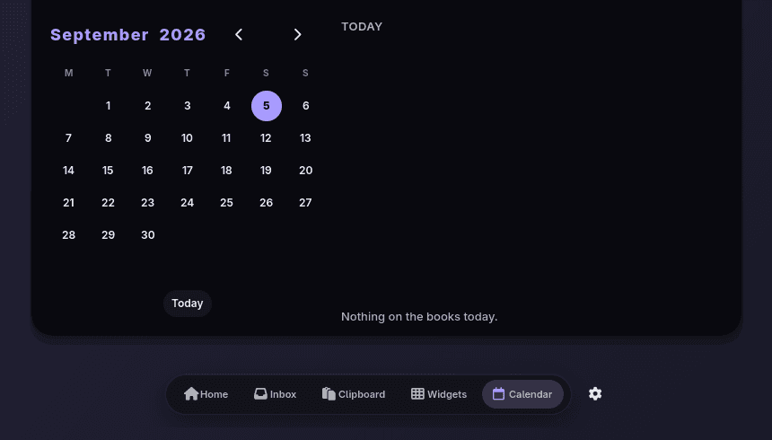 Naarchy Calendar interface, captured on Hyprland with demonstration content