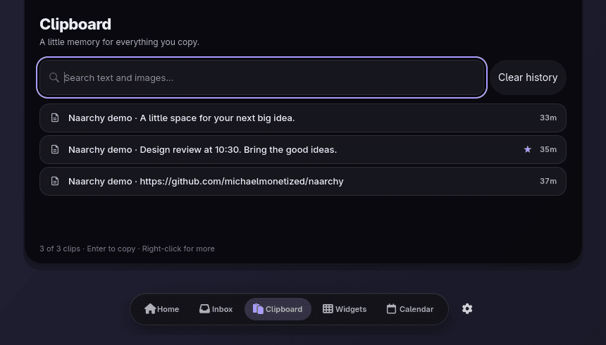 Naarchy Clipboard interface, captured on Hyprland with demonstration content