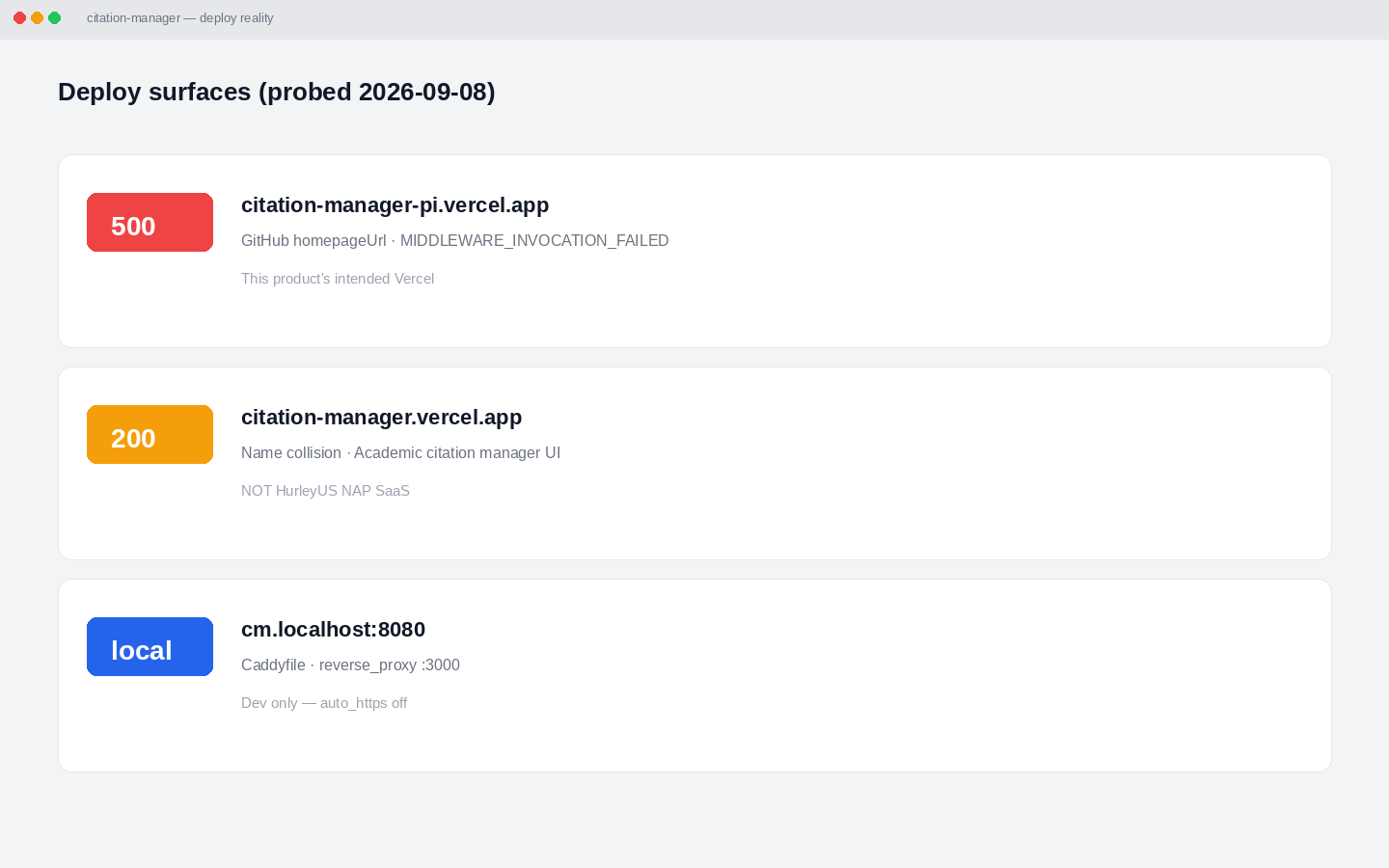 Deploy reality mock. 500 homepage vs name-collision 200