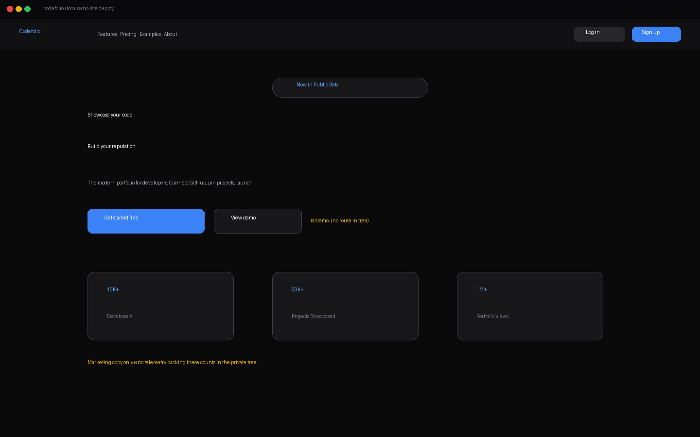 Codefolio marketing hero: Public Beta + Get started free