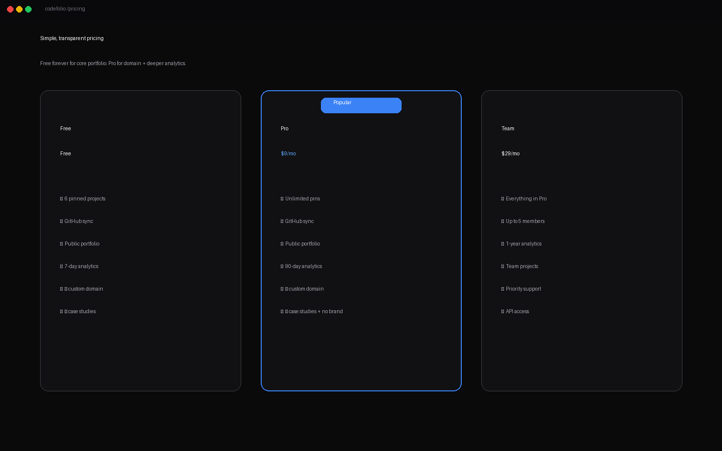 Free / Pro $9 / Team $29 pricing grid