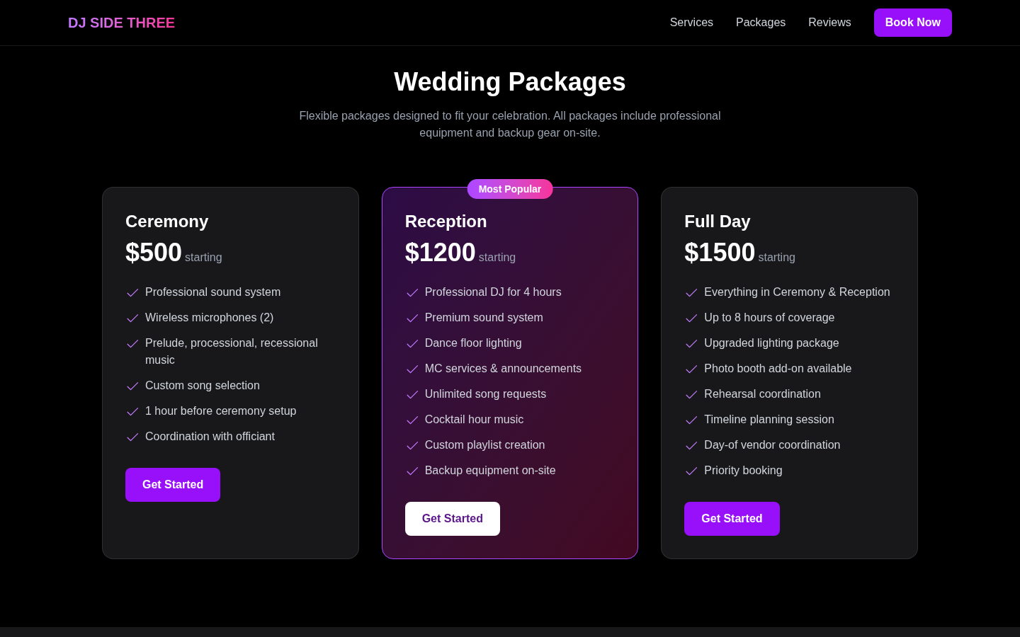 Wedding packages $500 / $1200 / $1500