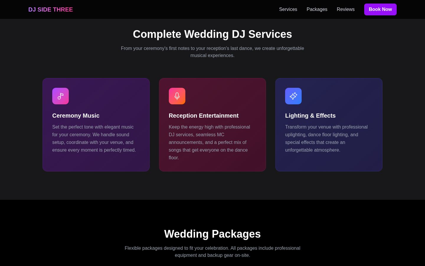 Services. ceremony, reception, lighting