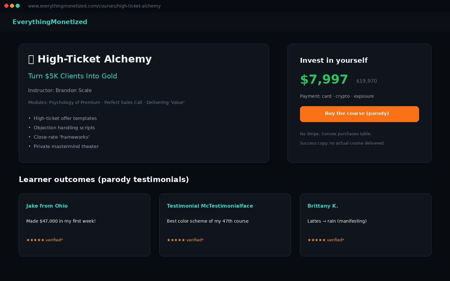 Illustrative course detail, High-Ticket Alchemy parody checkout