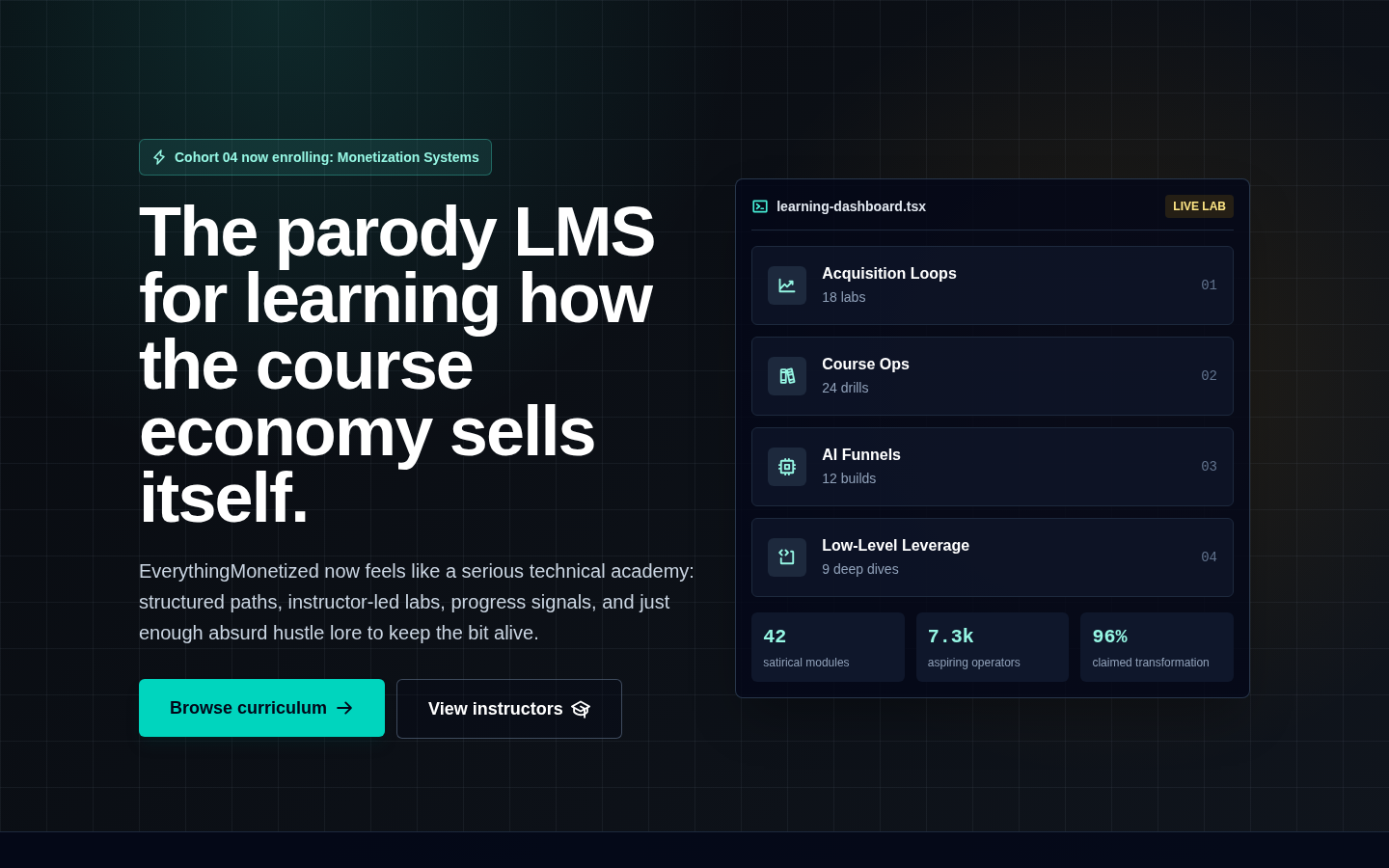 EverythingMonetized live hero, Cohort 04 parody LMS academy redesign