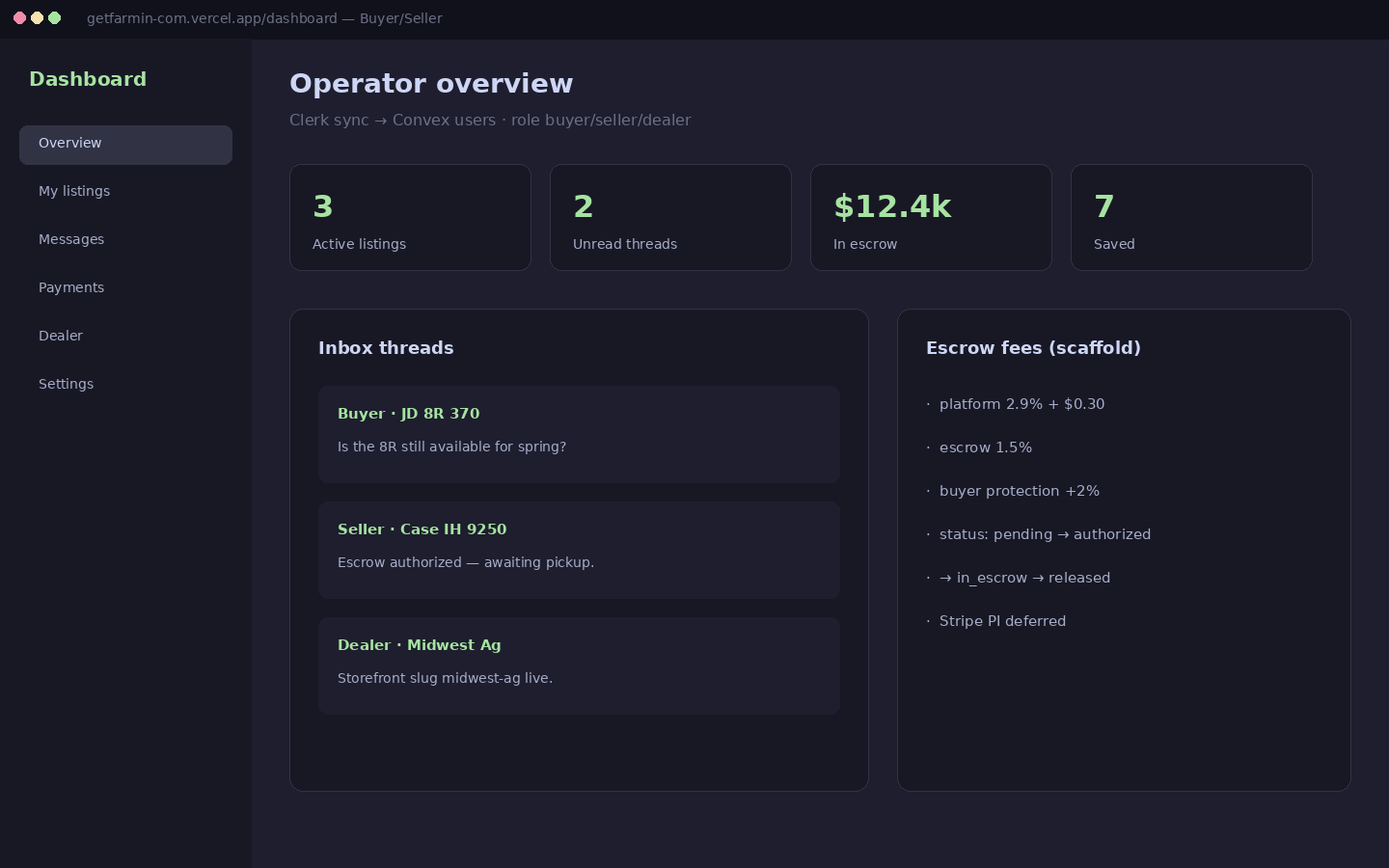 Dashboard mock. inbox + escrow