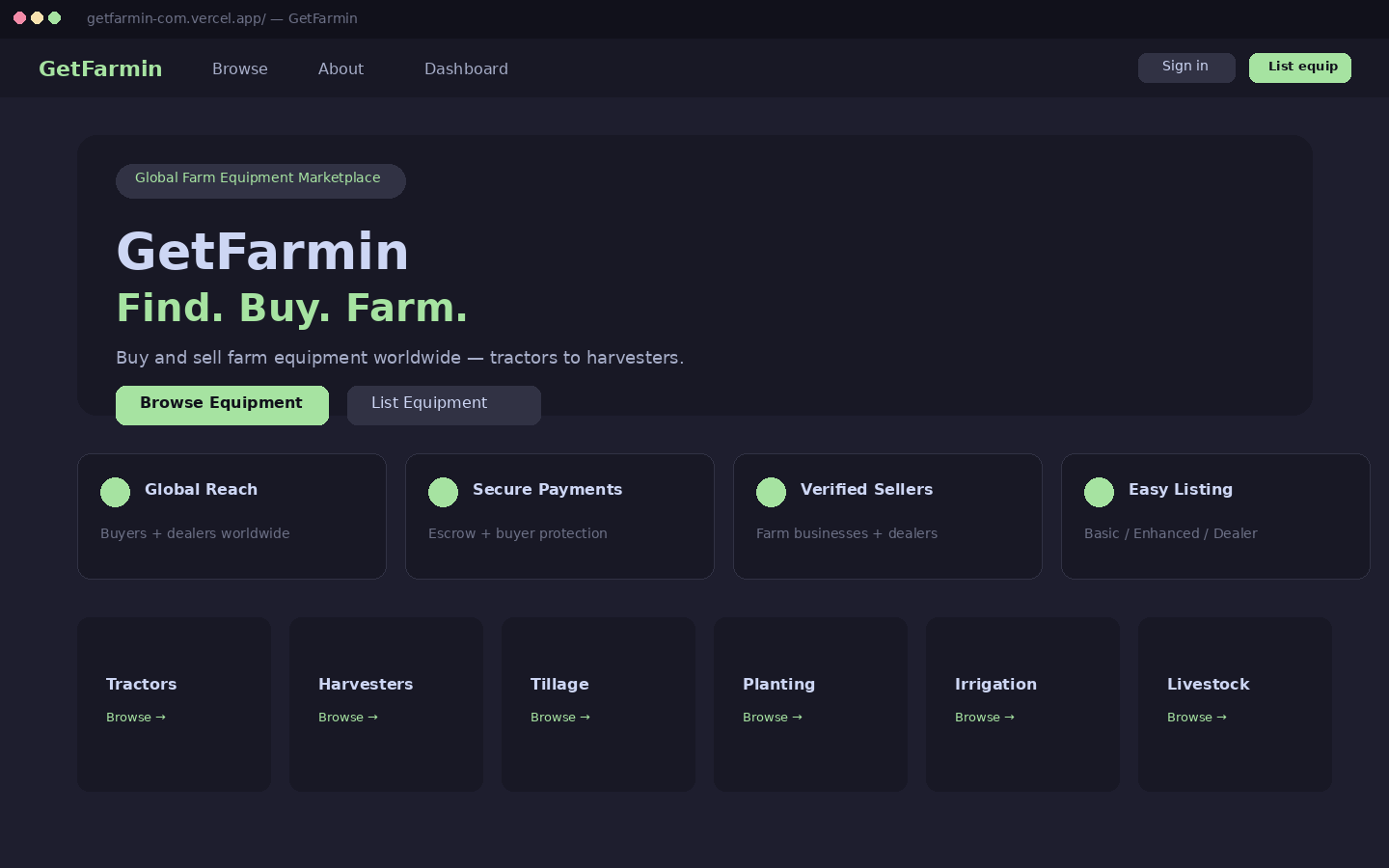 GetFarmin home mock. Find. Buy. Farm.