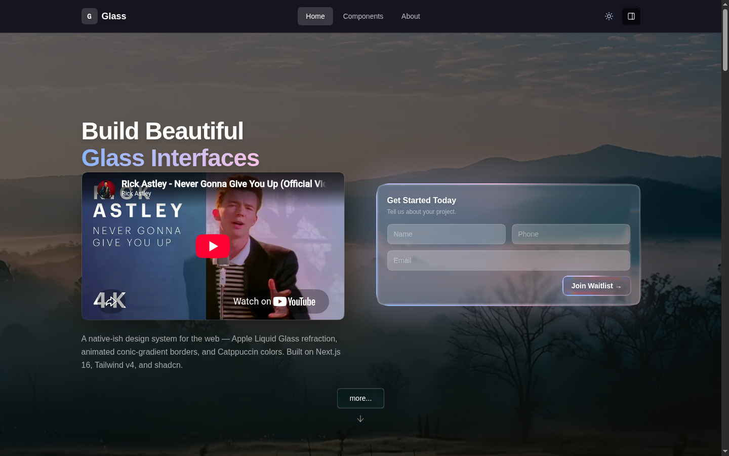 Glass Design System home, video hero and glass contact form