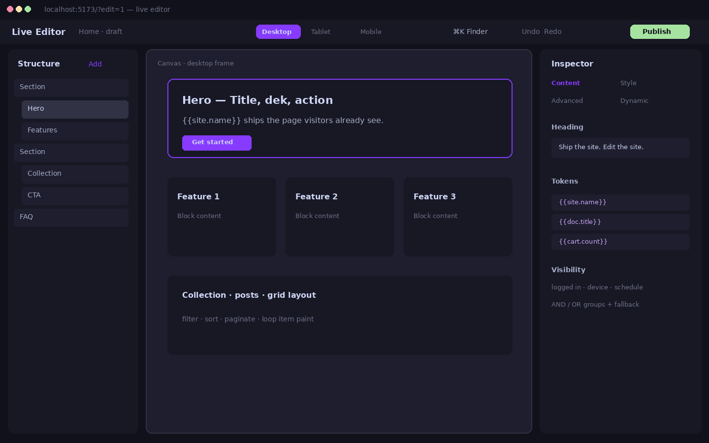 Live editor three-panel mock