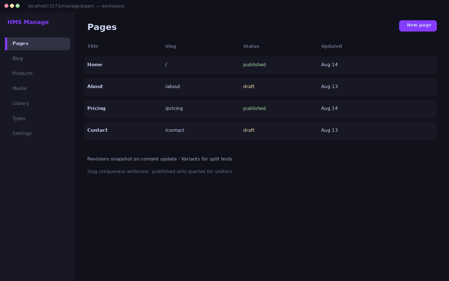 Manage pages workspace mock