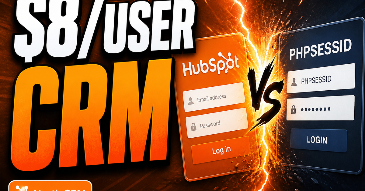 hustlecrm.com: $8/user CRM lander vs legacy PHP login domain