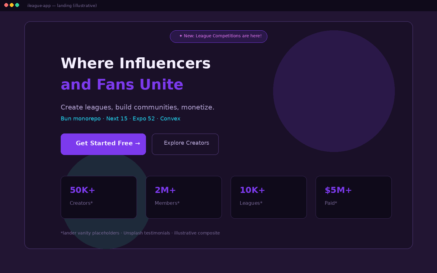 Landing hero, violet influencer/fan unite