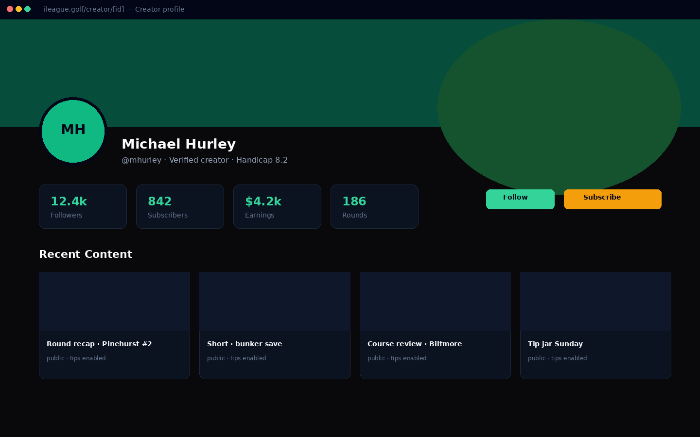 Creator profile mock. followers, subscribers, earnings, content grid