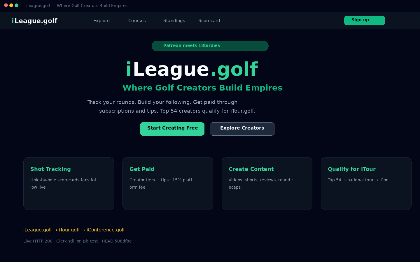 iLeague.golf homepage mock. Patreon meets 18birdies, Top 54 qualify for iTour