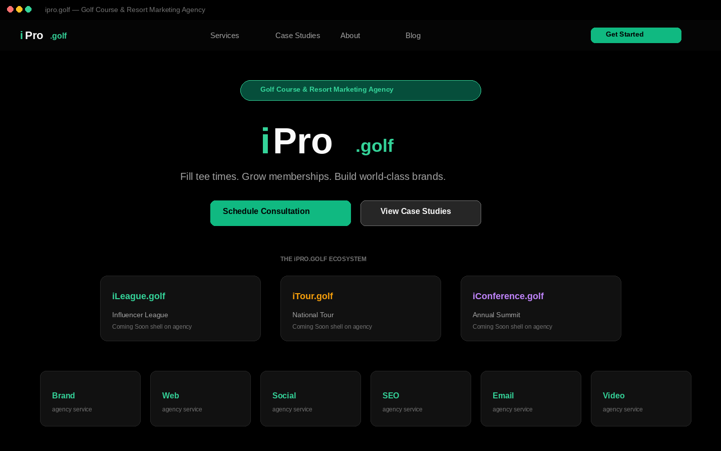iPro.golf agency homepage mock: hero, ecosystem chips, services