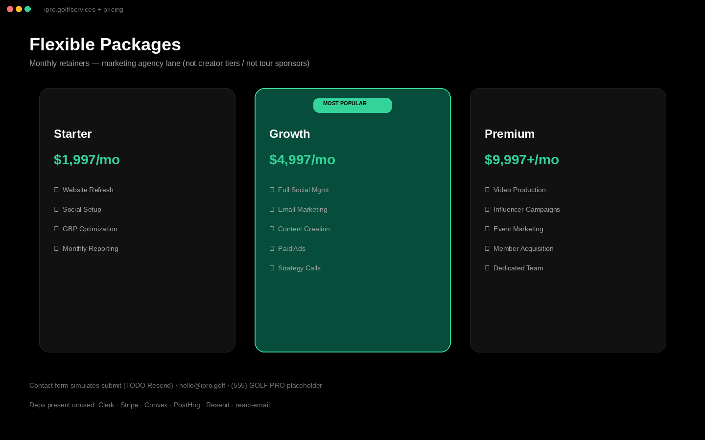 Retainer pricing mock: Starter / Growth / Premium