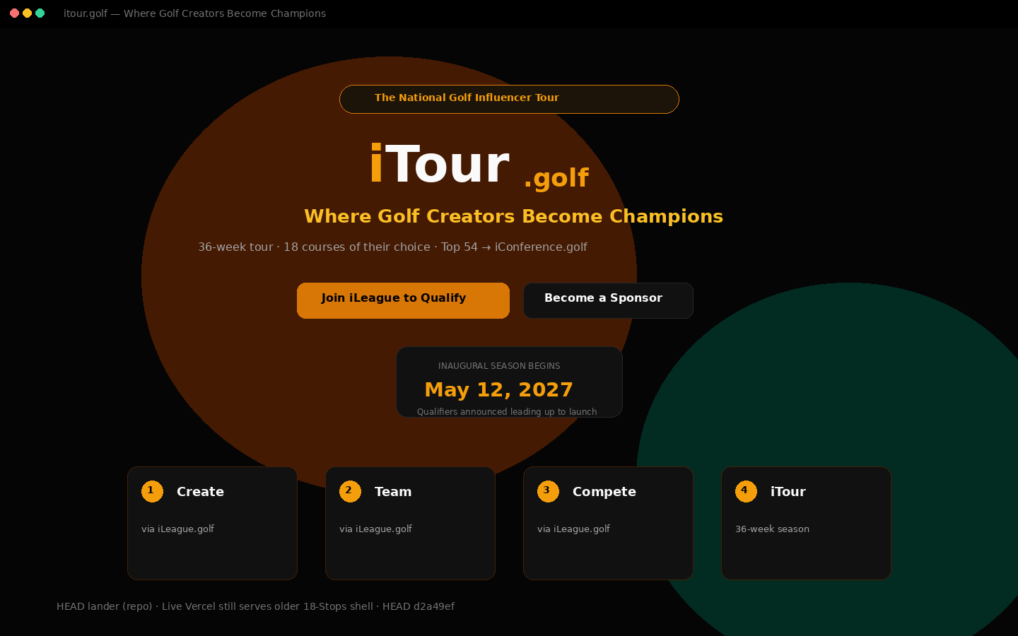 iTour.golf HEAD homepage mock. May 12 2027 inaugural, Join iLeague to Qualify