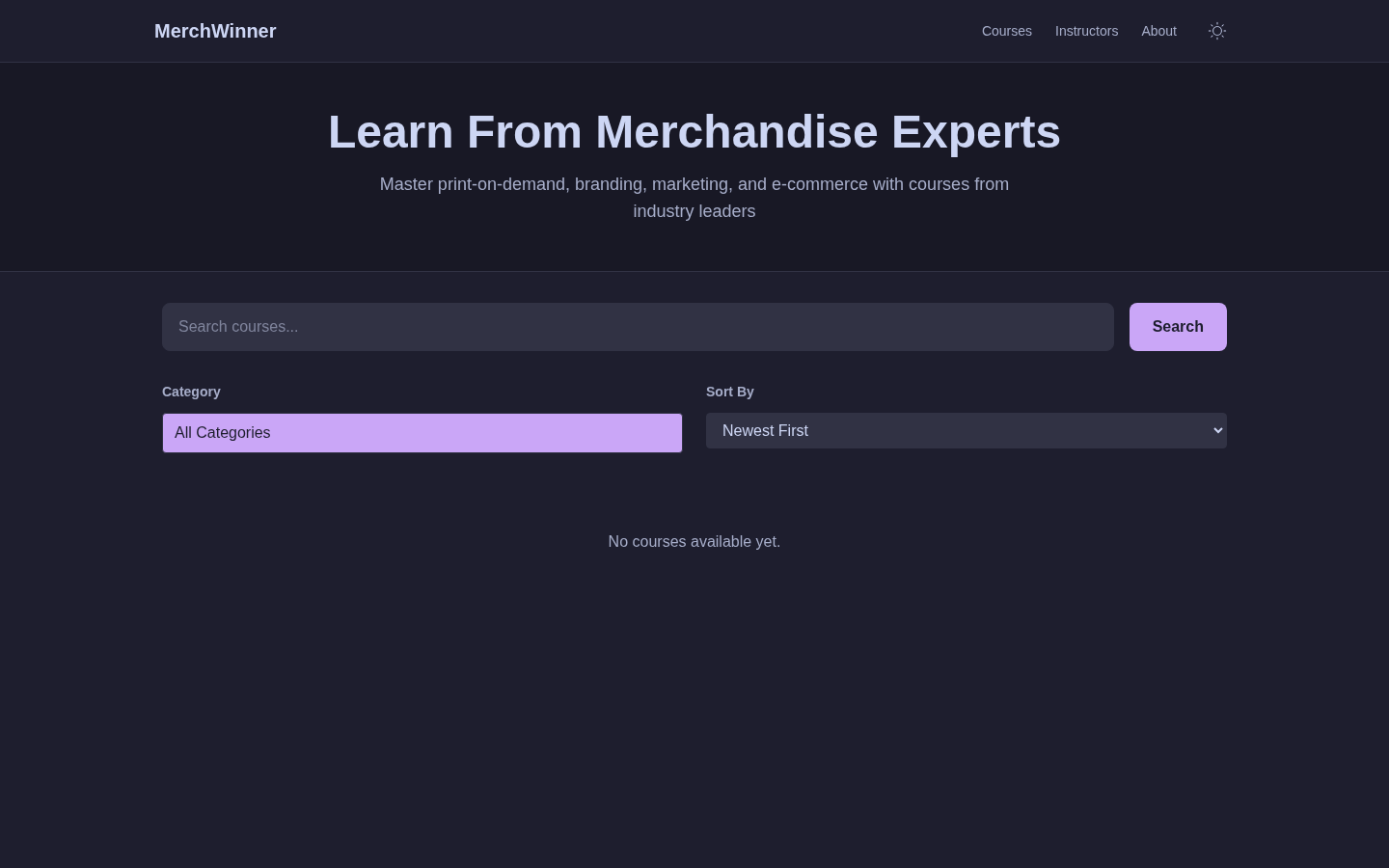 Live courses page: search UI with empty catalog
