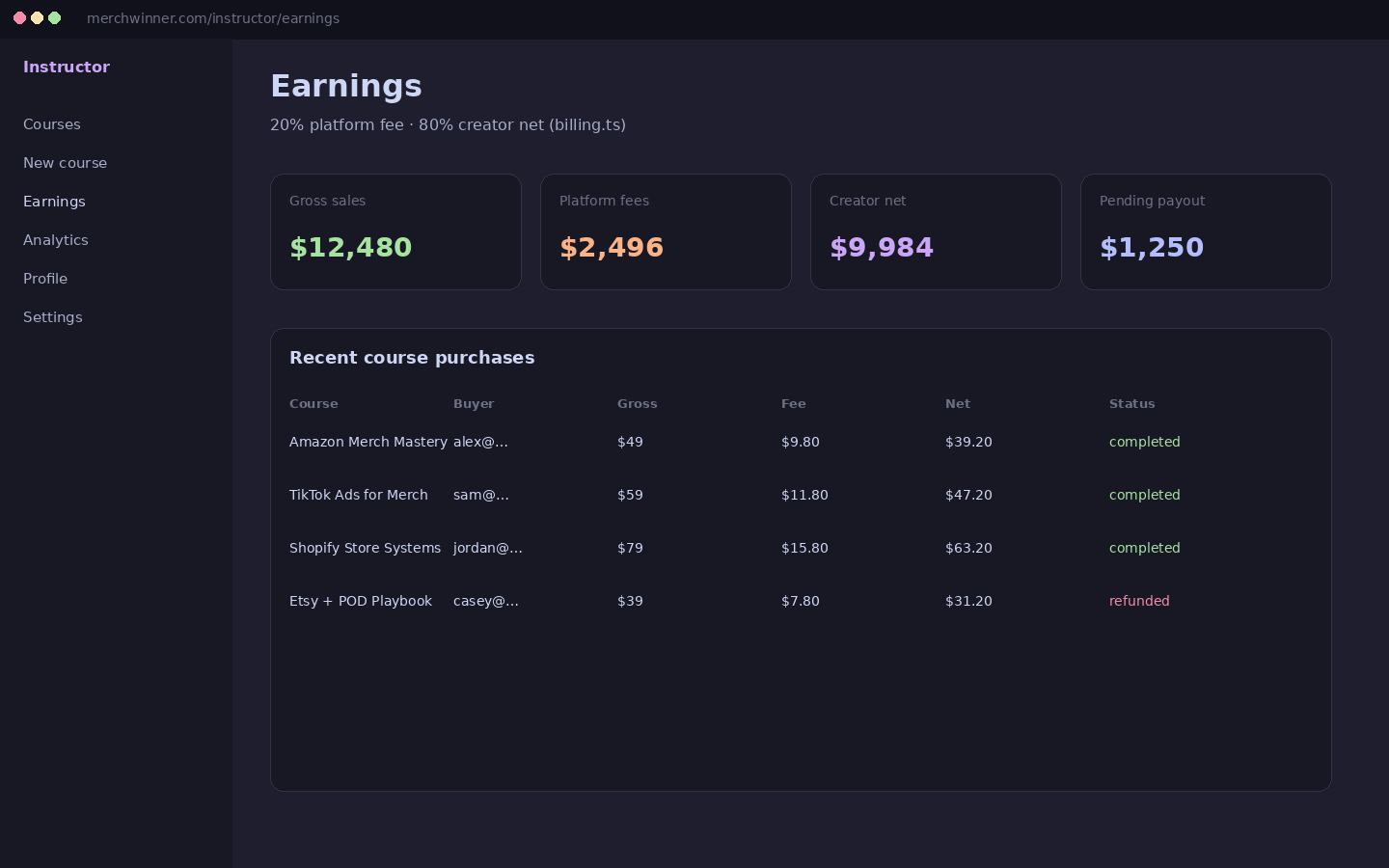 Illustrative instructor earnings mock. 20% platform fee math