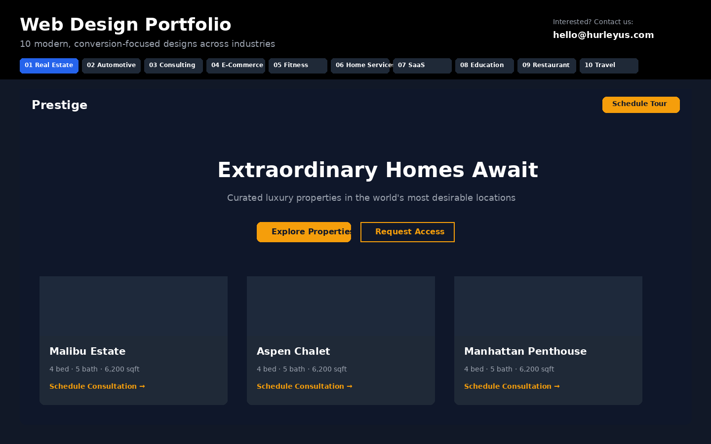 Web Design Portfolio chrome with Prestige luxury real estate tab