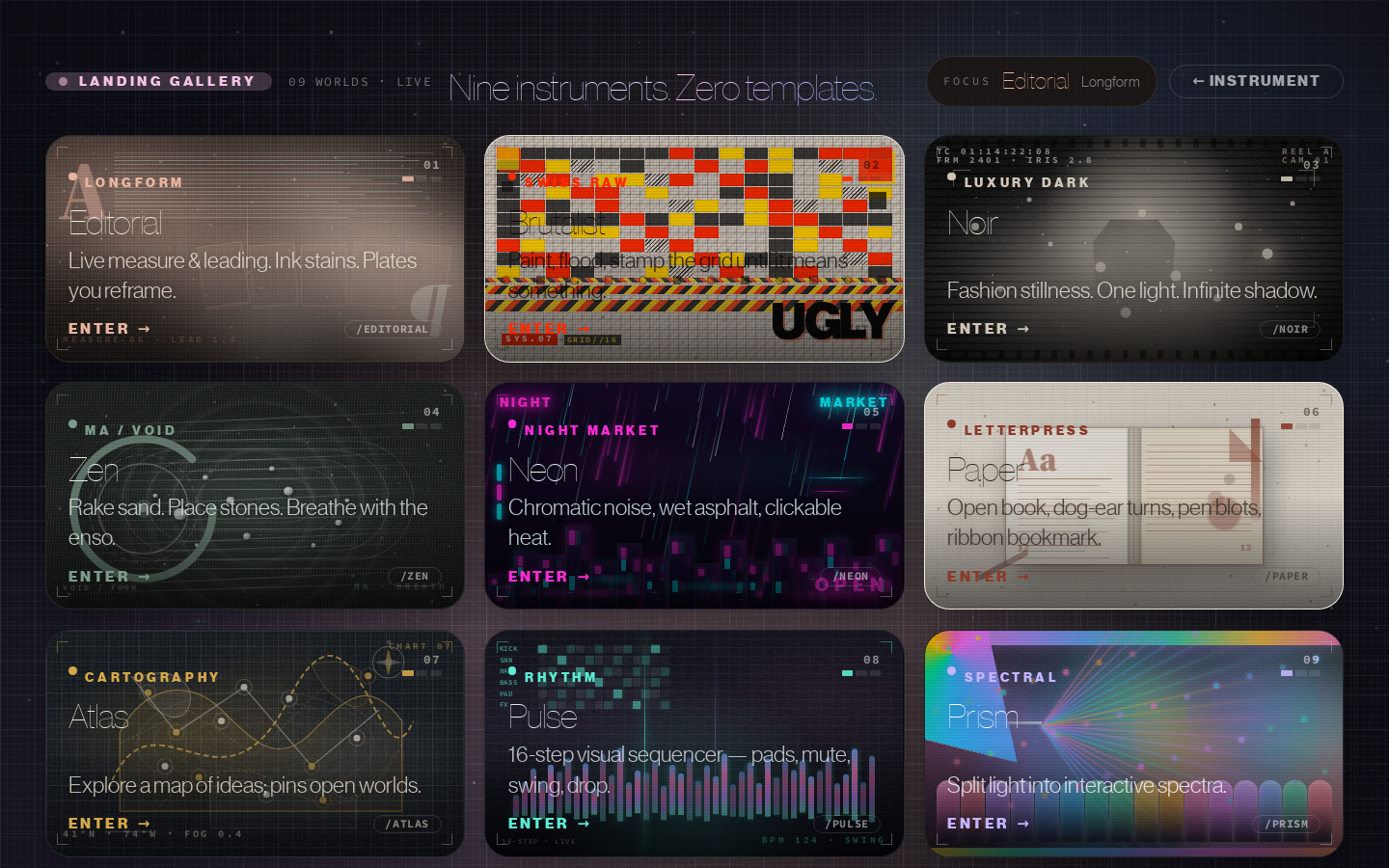 Landing gallery: nine instruments, zero templates