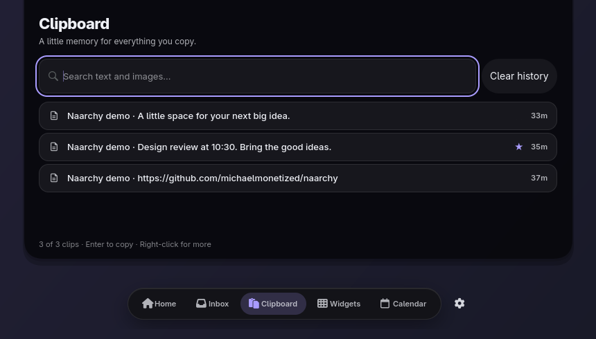Clipboard 0.4: newest-first history, pin, Clear history, gear for Preferences