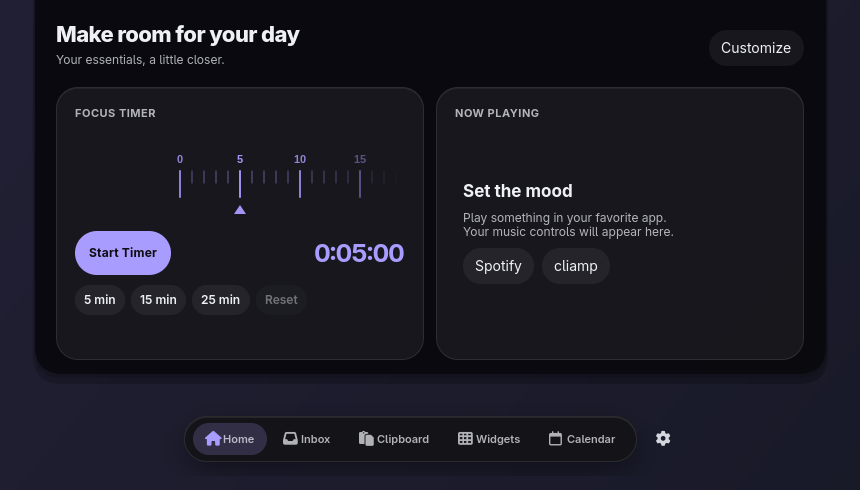 Naarchy 0.4 Home: Focus Timer and Now Playing, gear for Preferences