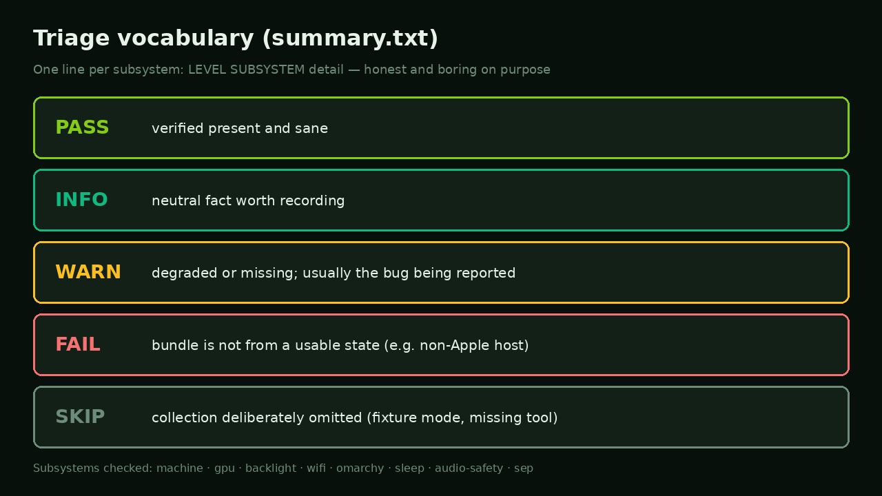 Triage vocabulary: PASS INFO WARN FAIL SKIP