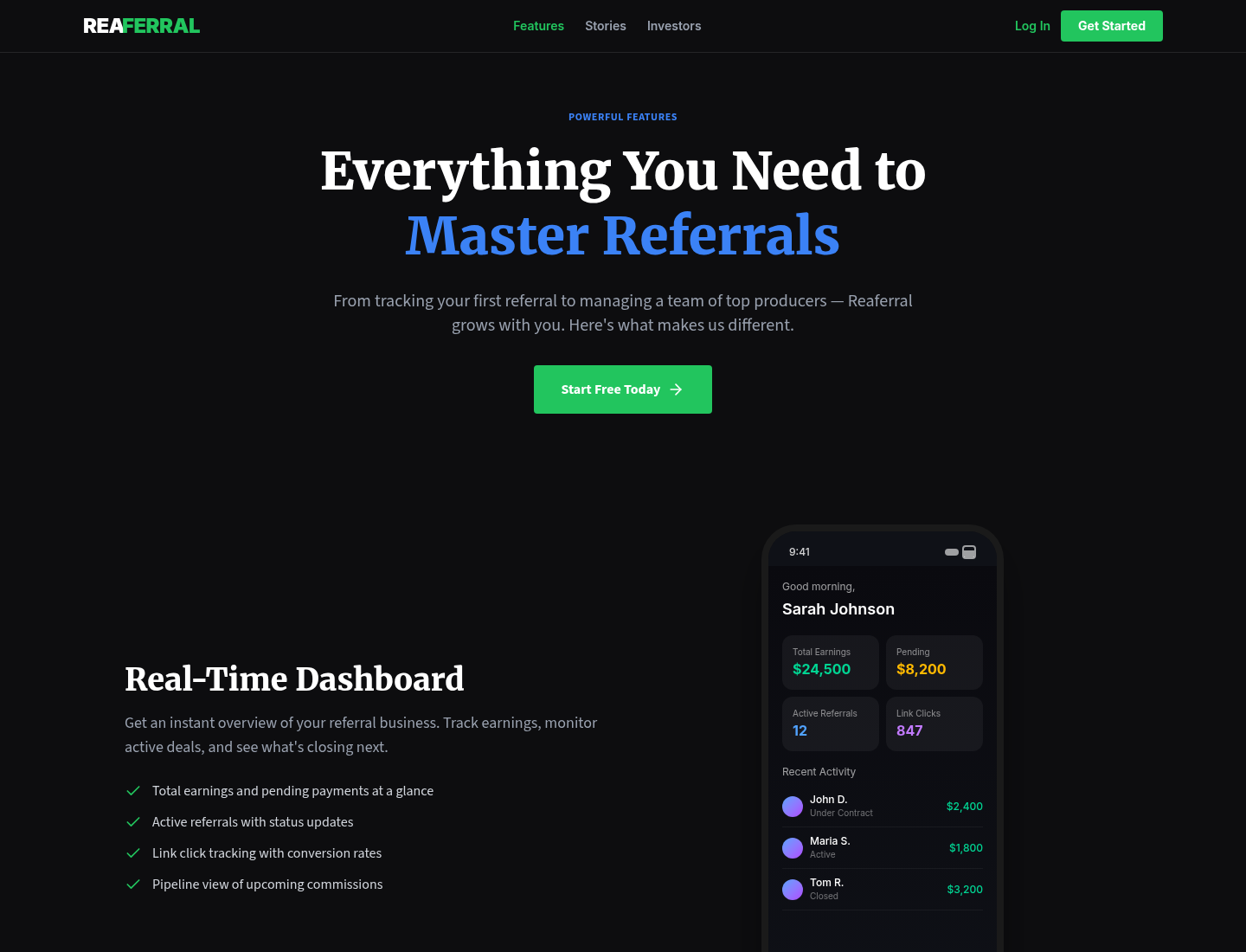 Features page: product surfaces and mockups