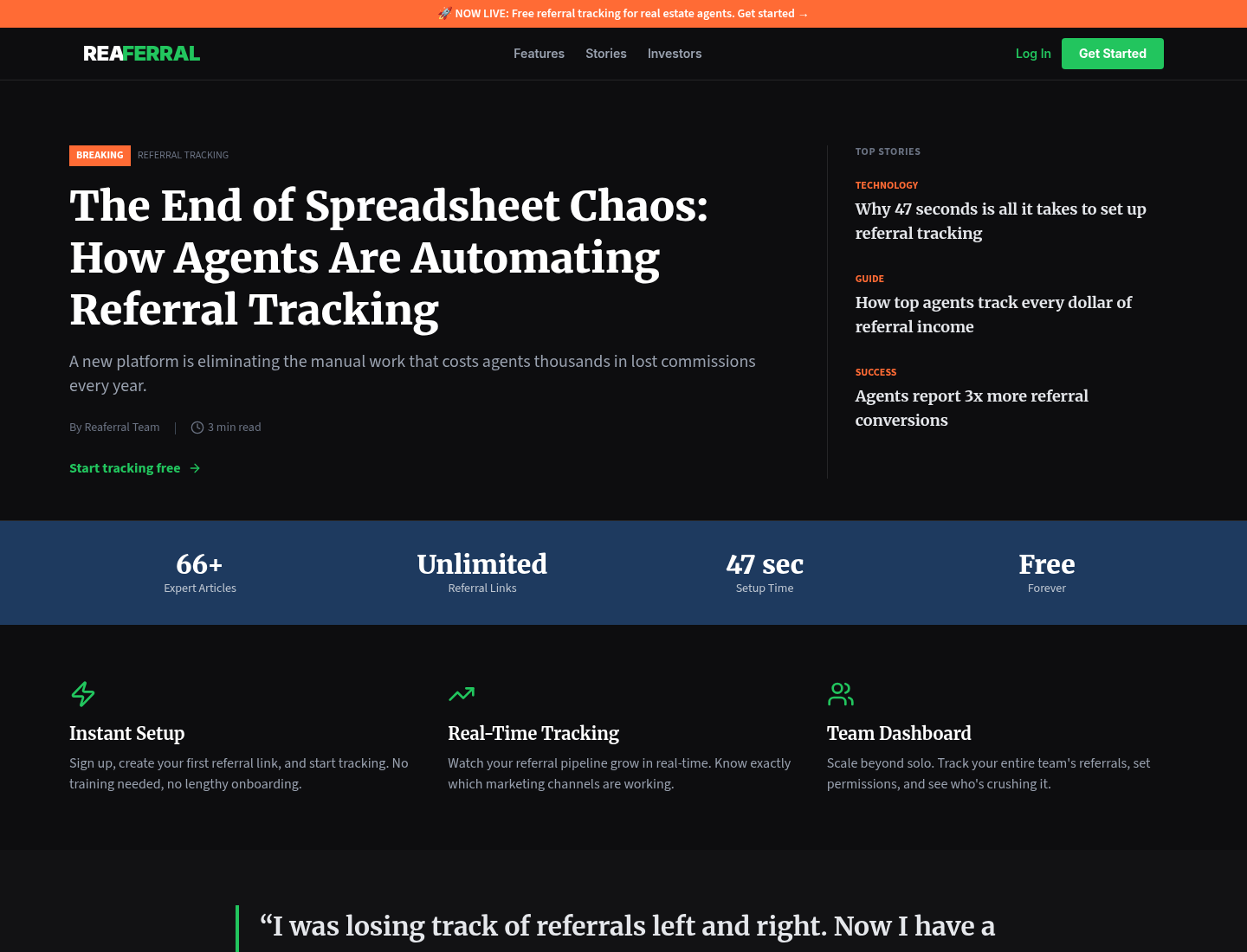 Reaferral Inman-style landing. BREAKING referral tracking hero