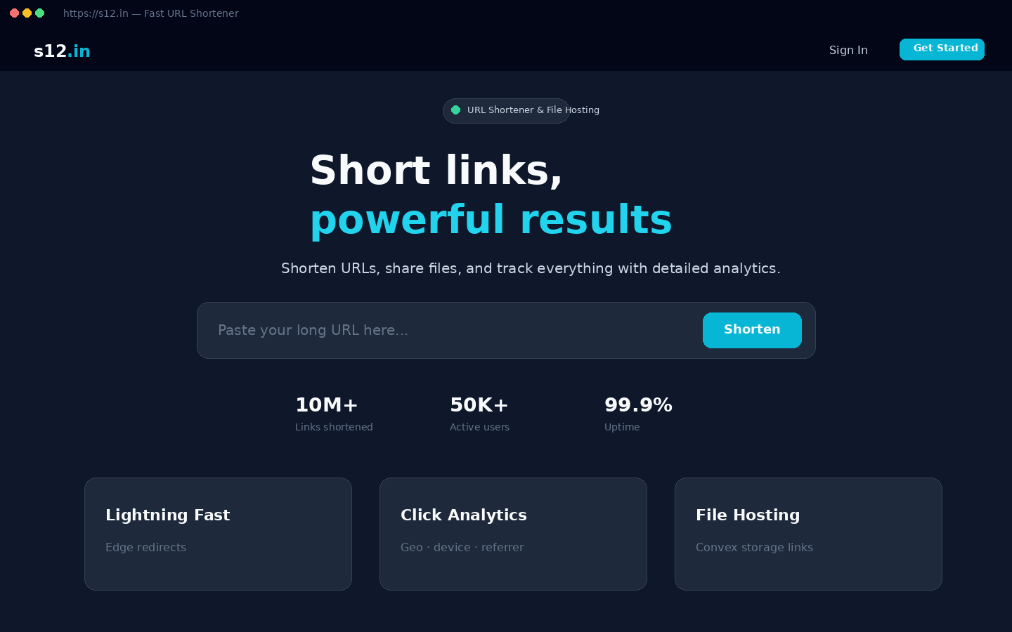 s12.in landing. Short links, powerful results