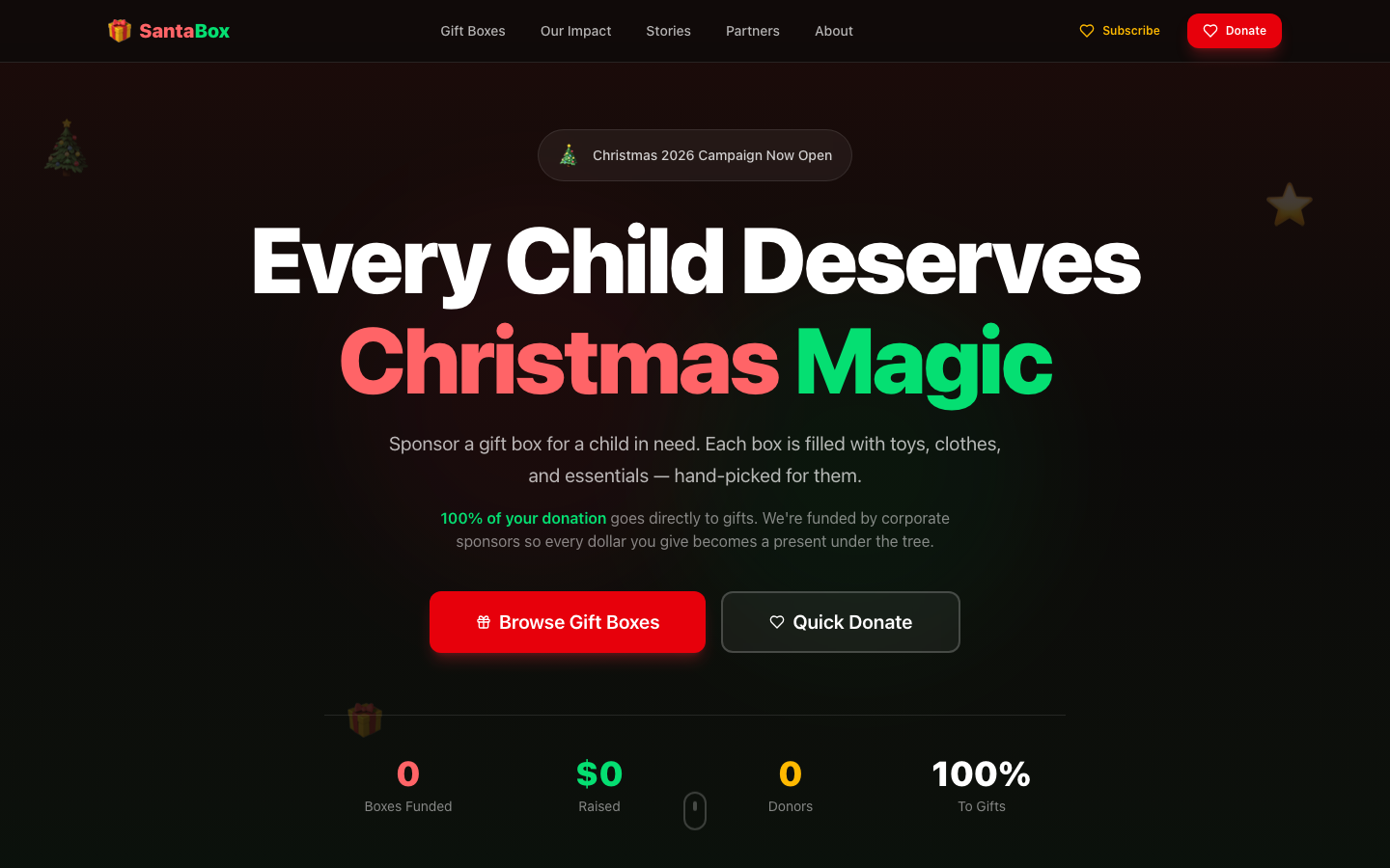 SantaBox home. Christmas 2026 campaign