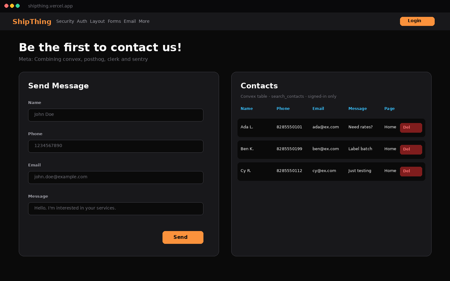 ShipThing home. lead form + signed-in contacts table