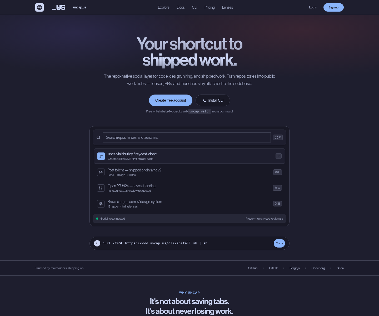 uncap.us Raycast-style signed-out landing — Your shortcut to shipped work